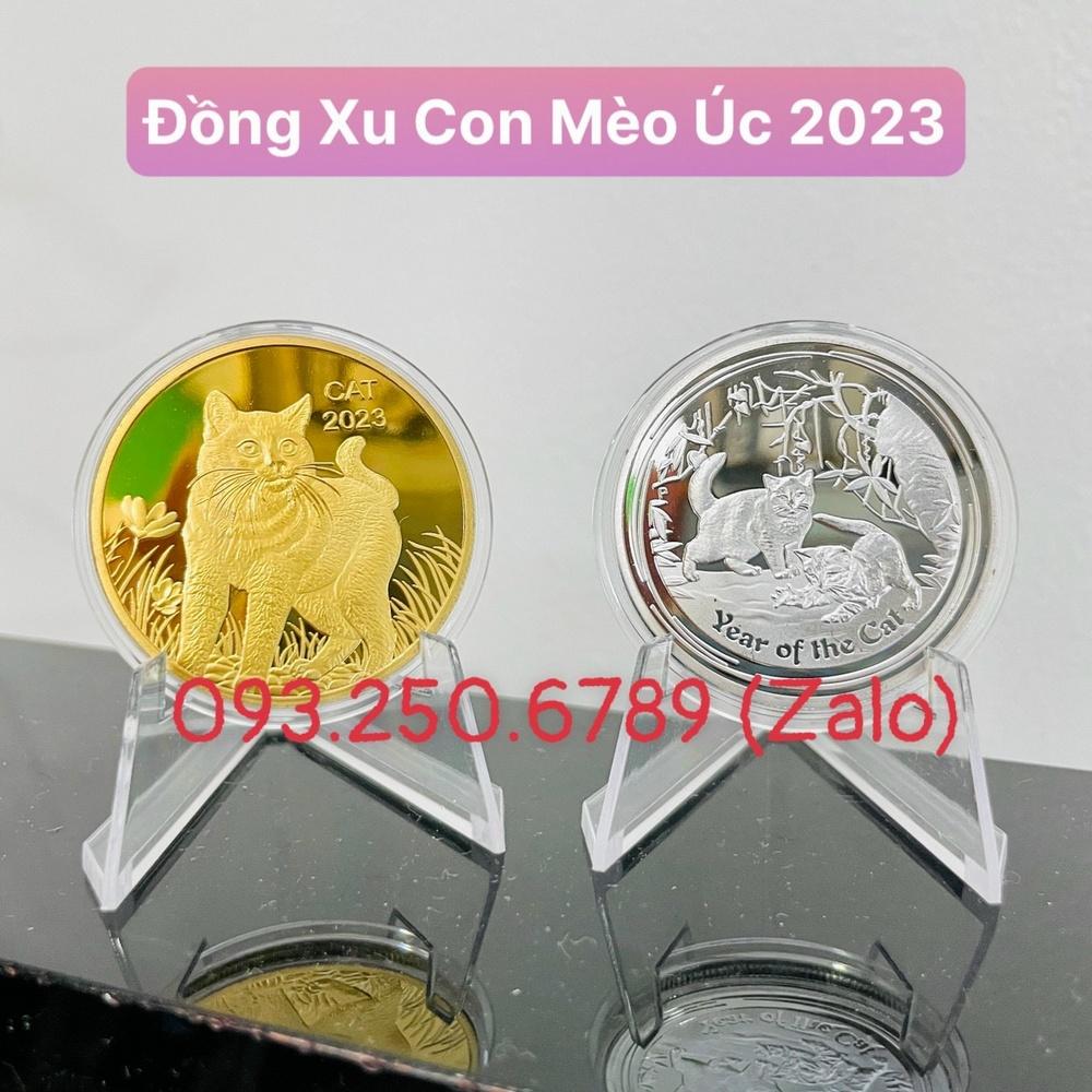 Combo 2 GIÁ TRƯNG BÀY + Cặp 2 Đồng Xu hình con Mèo Vàng Bạc Lì Xì Tết 2023 của Úc, Lì Xì Tết - NELI