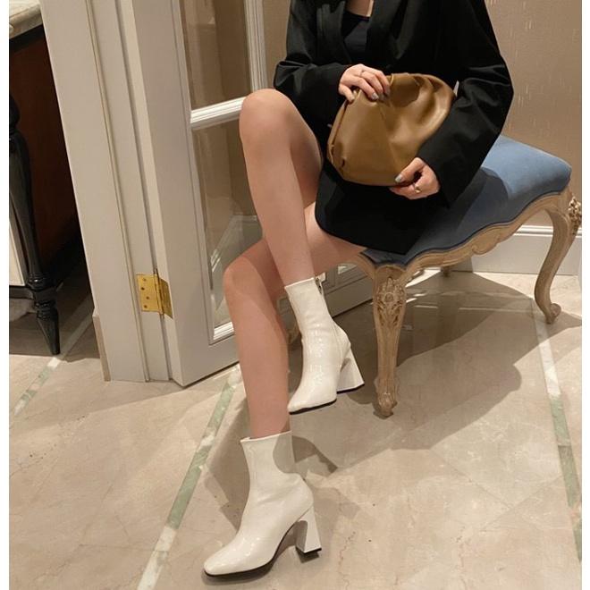 SẴN Giày bốt nữ cổ lửng da bóng mềm mẫu mới đế cao 6cm 2 màu đen/kem dễ phối đồ xinh bền đẹp giá rẻ kiểu dáng Hàn Quốc