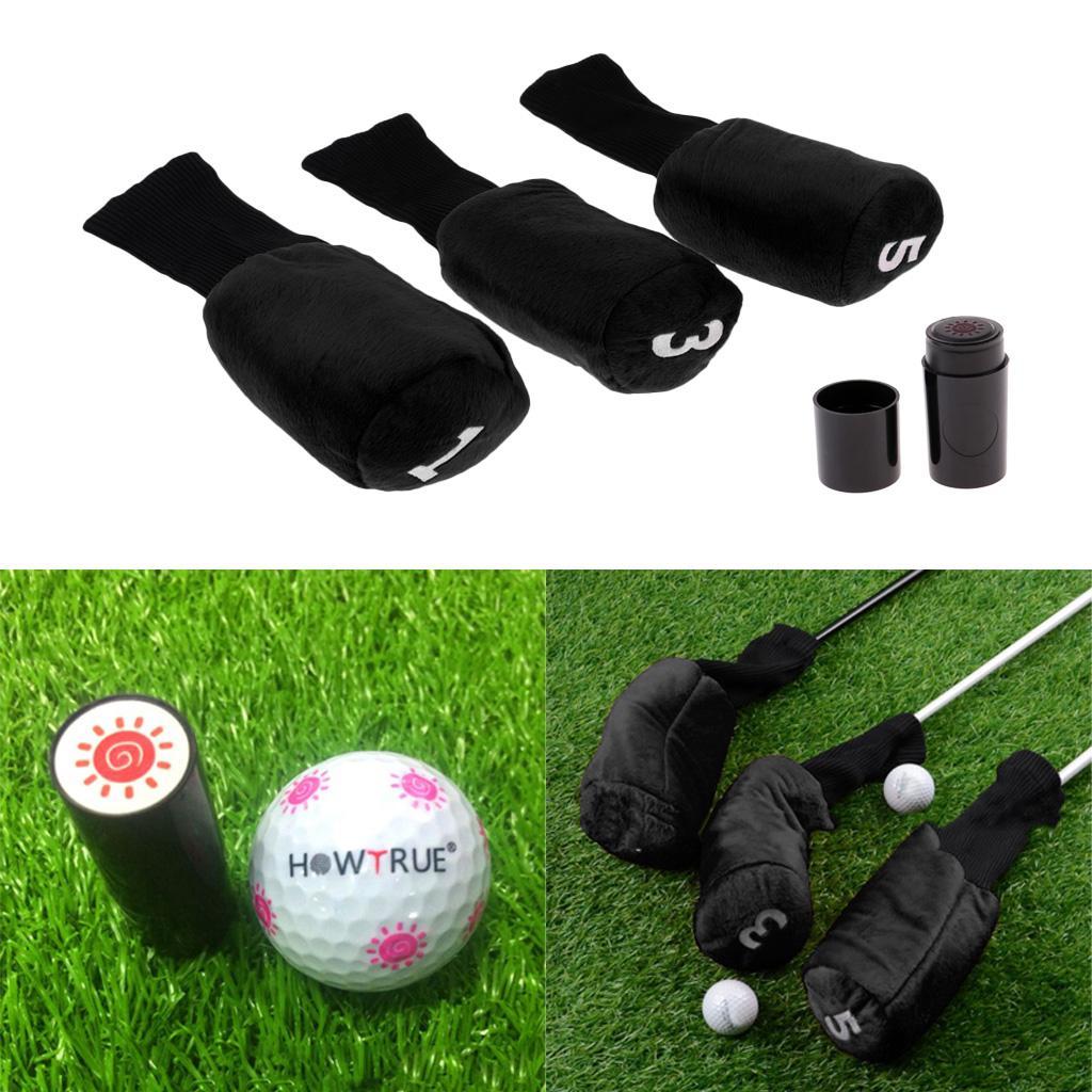 3pcs Long Neck Golf Club Head Cover Wood Headcover & Ball Stamper