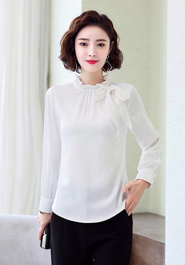 Áo Tay Dài Cổ Nhún Đính Nơ 3 Màu
