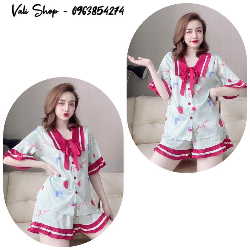 Đồ ngủ lụa latin cao cấp pijama áo cột nơ hoạ tiết quần đùi freesize 42-58kg