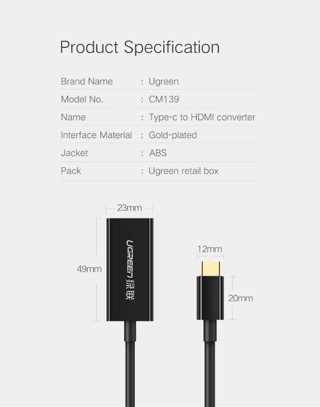 Ugreen UG50249CM139TK 15CM màu Đen Bộ chuyển đổi TYPE C sang HDMI vỏ bọc nhựa cao cấp - HÀNG CHÍNH HÃNG