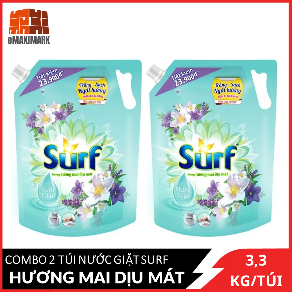 COMBO 2 túi nước giặt Surf Hương Sương mai dịu mát (Xanh) 3.3Kg