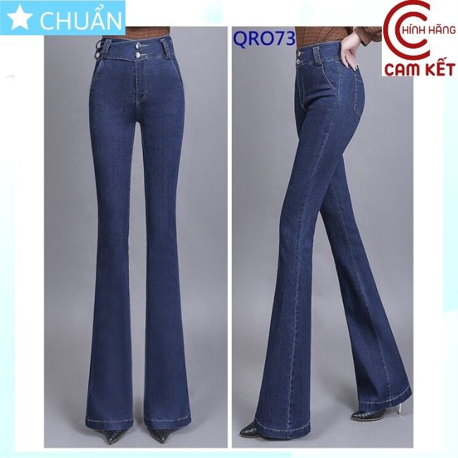 Quần jean nữ ống loe QRO73 ROSATA tại BCASHOP dáng dài, lưng cao 2 nút cách điệu thêm 1 nút chéo eo, chất liệu jean cao cấp - màu xanh