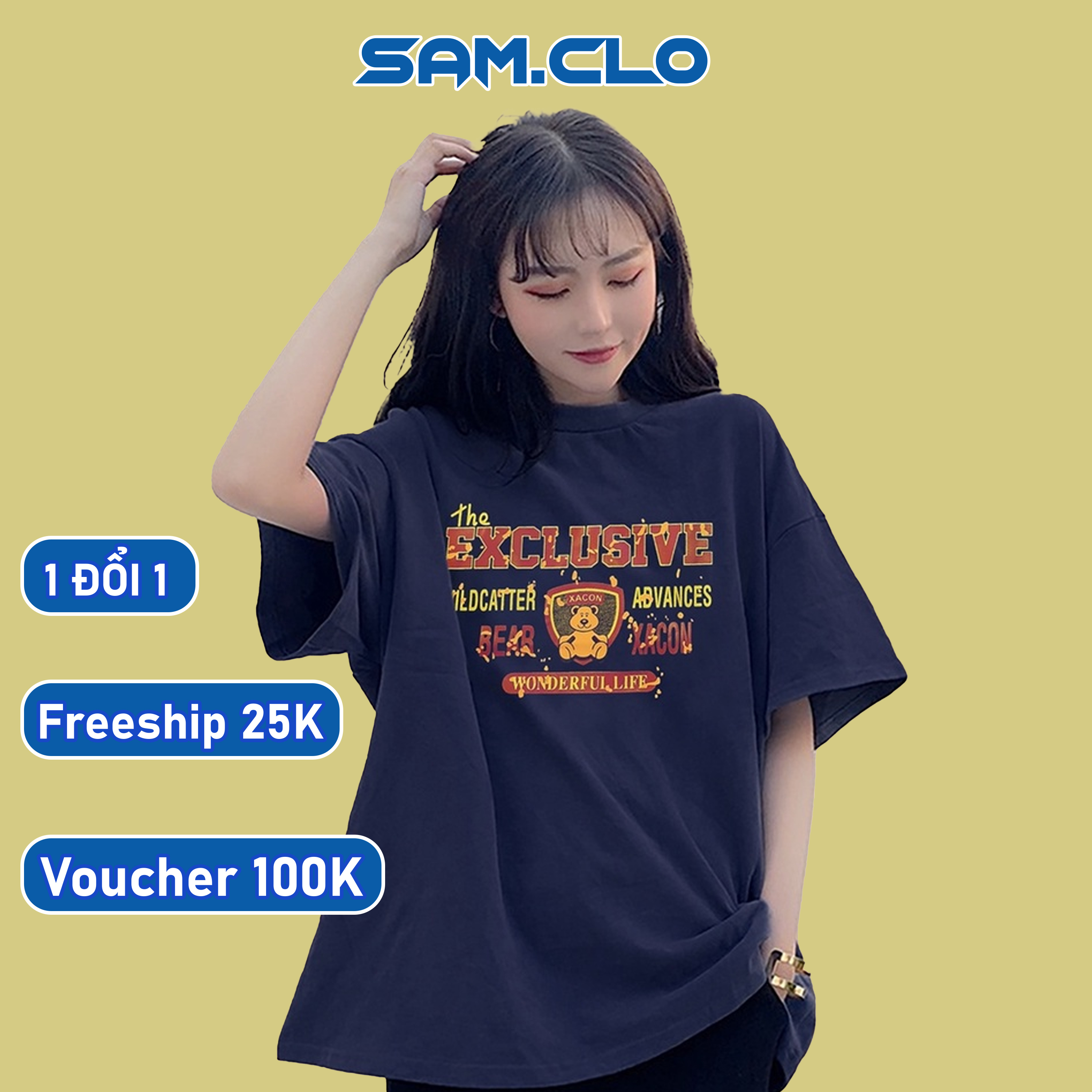 Áo thun tay lỡ nữ SAM CLO freesize phông form rộng dáng Unisex - Ulzzang mặc cặp, nhóm, lớp in chữ EXCLUSIVE