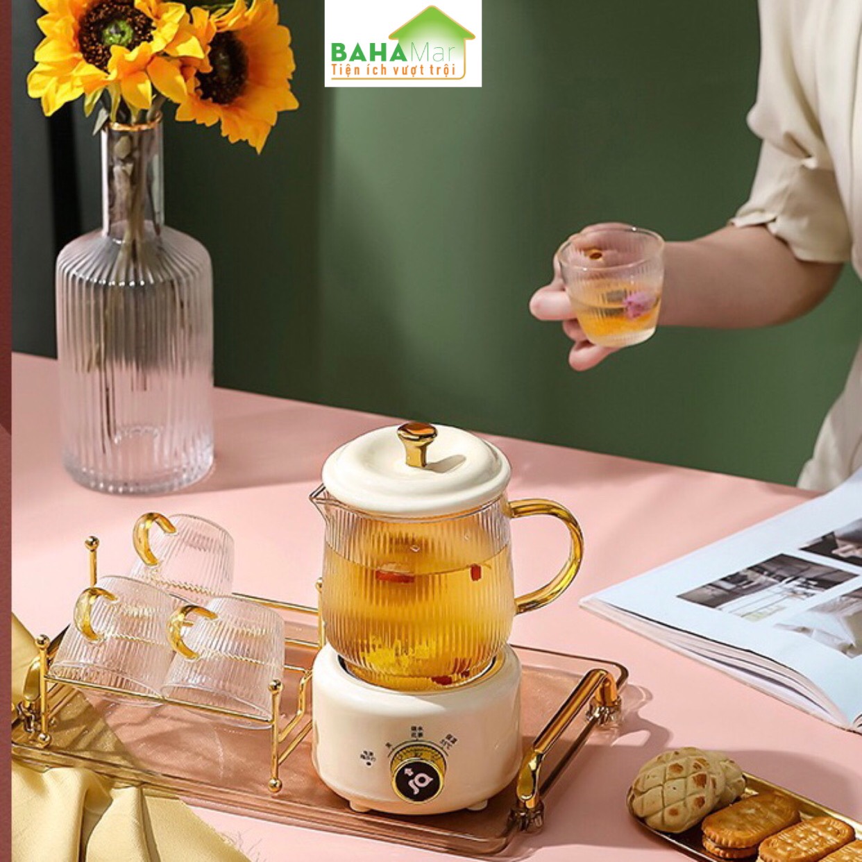 BỘ ẤM PHA TRÀ ĐIỆN CÁCH NHIỆT "BAHAMAR" dùng pha cafe, trà hoa, trà dưỡng nhan… rất nhanh gọn