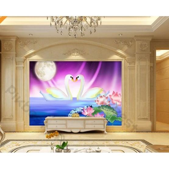 Tranh đôi thiên nga dưới ánh trăng, tranh dán tường 3d hiện đại  MS639389
