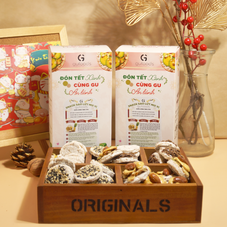 Snack gạo lứt healthy mix tứ vị GUfoods - Hội tụ 4 vị snack ngon, Nạp nhanh năng lượng, Tiện lợi, Eat clean, Thuần chay