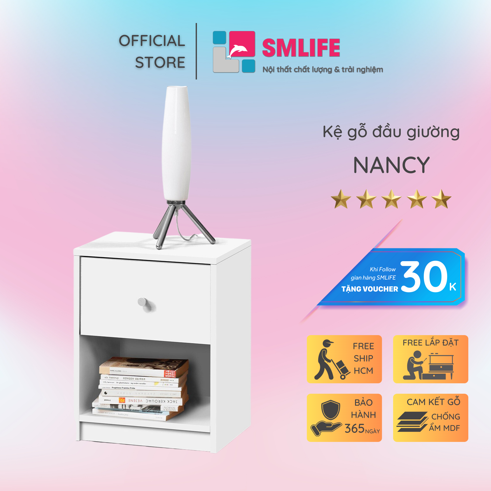 Tủ gỗ đầu giường hiện đại SMLIFE Nancy | Gỗ MDF dày 17mm chống ẩm | D38xR30xC48cm