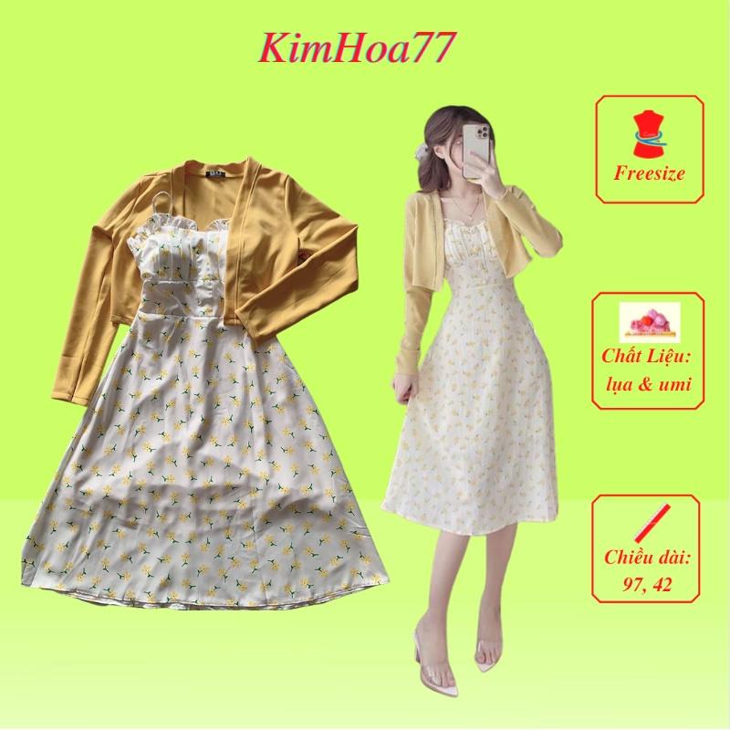 Sét đầm 2 dây hoa nhí kèm áo khoác KimHoa77 chất lụa có lót trong phối umi vừa xinh lại hot mặc được quanh năm freesize