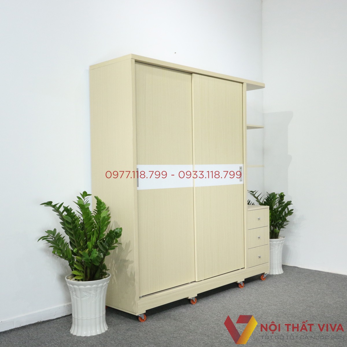 Tủ Áo Cửa Lùa Có Kệ Trang Trí Gỗ MDF Màu Vàng Chỉ Trắng
