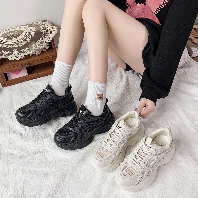 Giày Thể Thao Nữ MWC Đế Cao Thiết Kế Kiểu Dáng Buộc Dây Sneaker Trẻ Trung Năng Động Màu Đen Kem NUTT- 0615