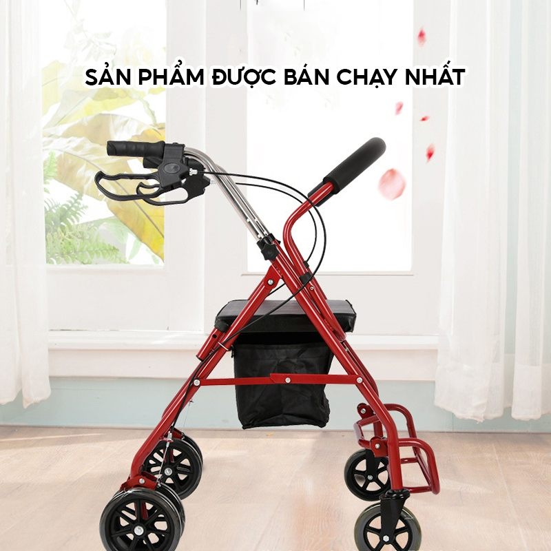 Xe Đẩy Tập Đi Cho Người Già Mẫu 2024, Người Tai Biến Đi Lại Kém Nâng Hạ Tay Lái Có Ghế Ngồi, Phanh, Giỏ Đựng