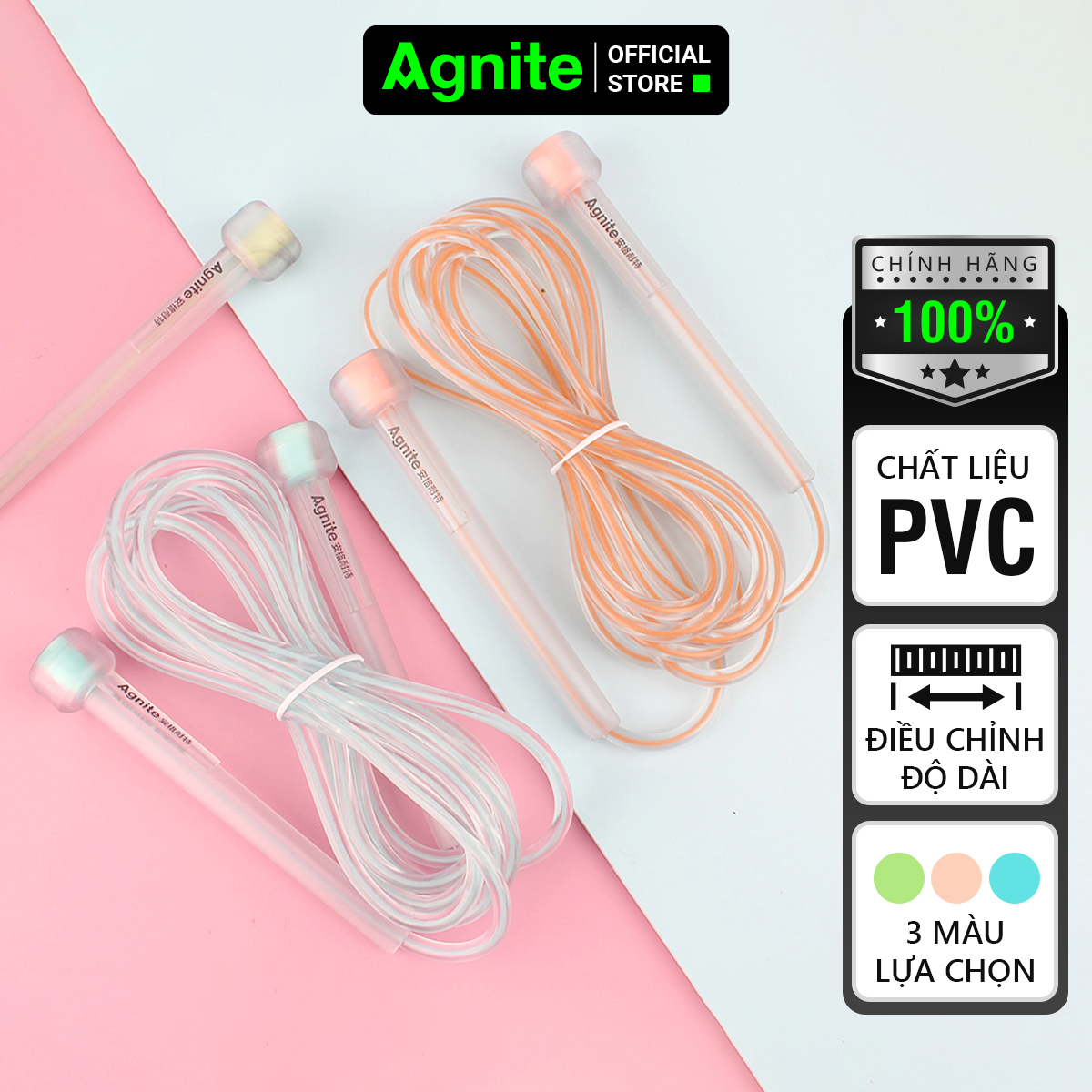 Dây nhảy tập thể dục Trong suốt Agnite chính hãng - Lõi nhựa PVC cao cấp - Dài 2.8m - Màu Hồng/Xanh dương/Xanh lá - F4122