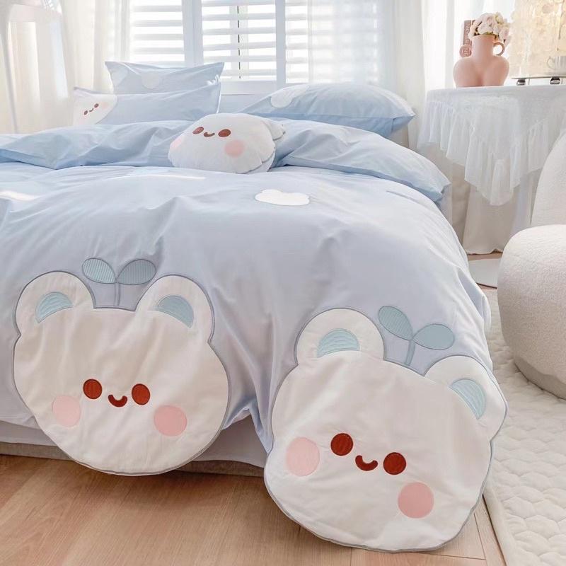 Bộ Chăn Ga Gối Cotton Linen Disney Hàng Nhập Khẩu Cao Cấp 5Món Mẫu Thỏ Xanh