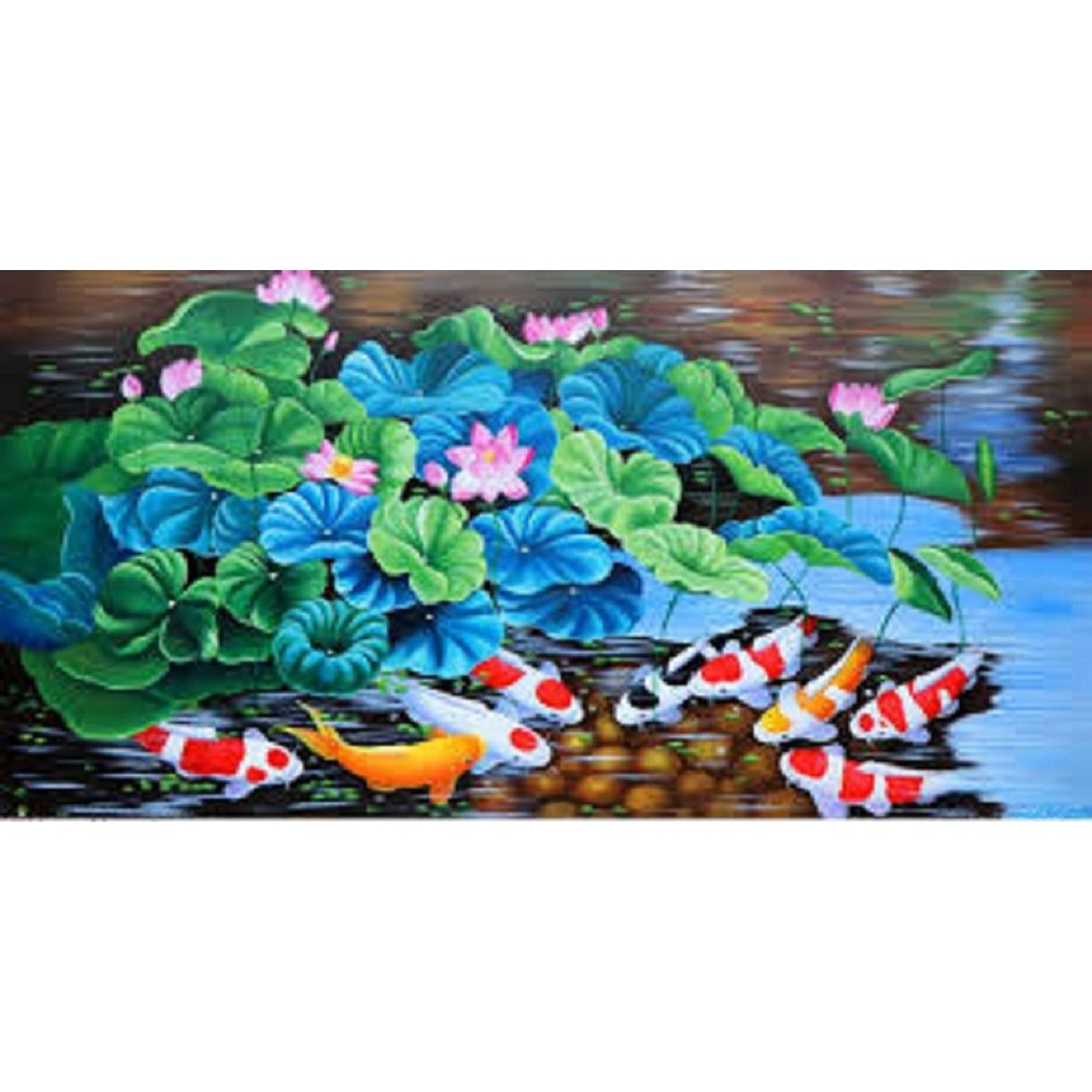 Tranh thêu chữ thập Cửu ngư quần hội (100x55cm)