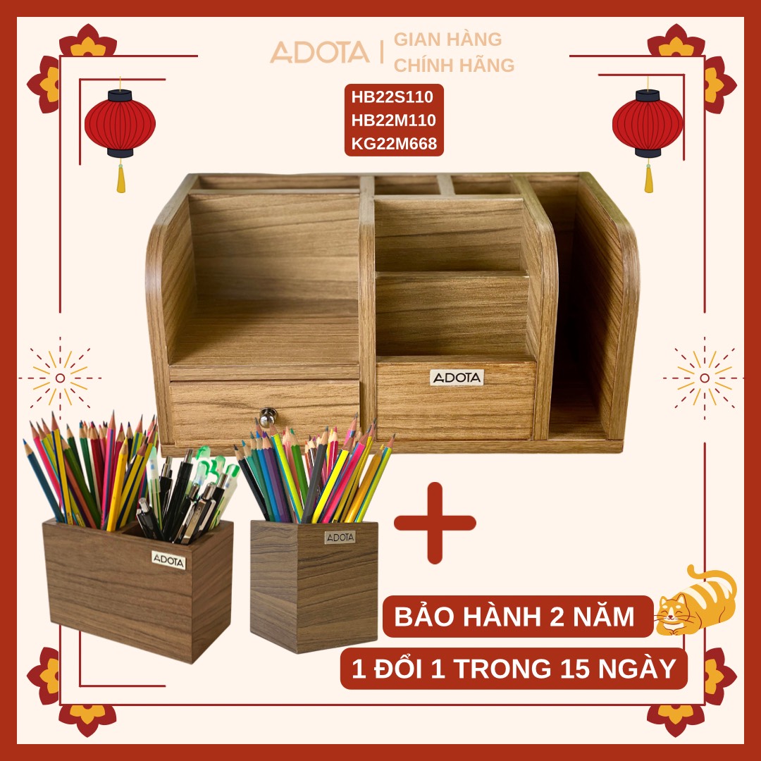 Combo kệ gỗ cao cấp, hộp cắm bút đơn và hộp cắm bút đôi để bàn decor bàn làm việc phong cách hiện đại sang trong gỗ MDF siêu bền ADOTA