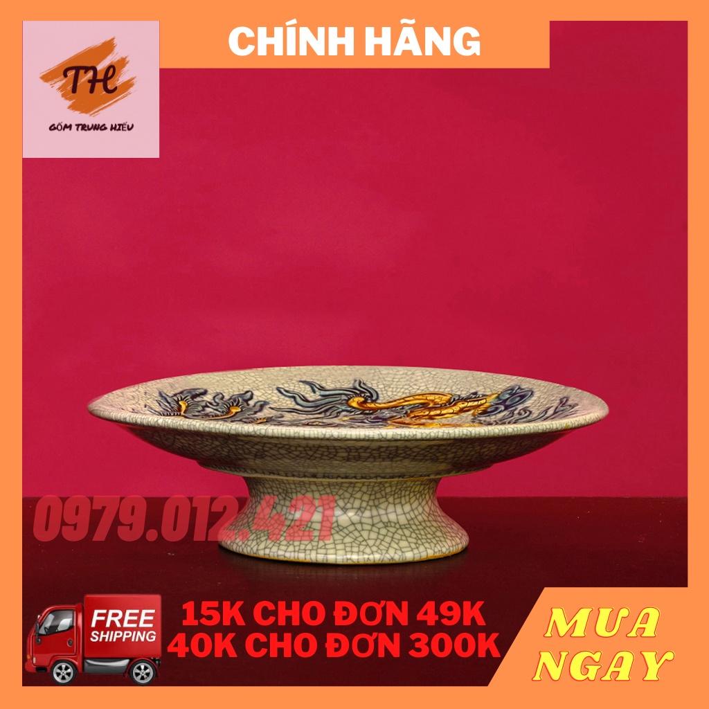 Mâm bồng Bát Tràng men rạn đắp nổi - hoạ tiết Rồng Phượng