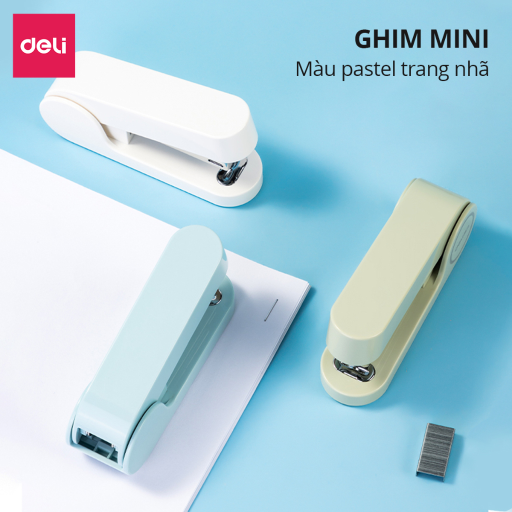 Dập ghim học sinh văn phòng mini Deli 25 trang, Ghim bấm giấy số 12 màu pastel, nhỏ gọn, tiện lợi