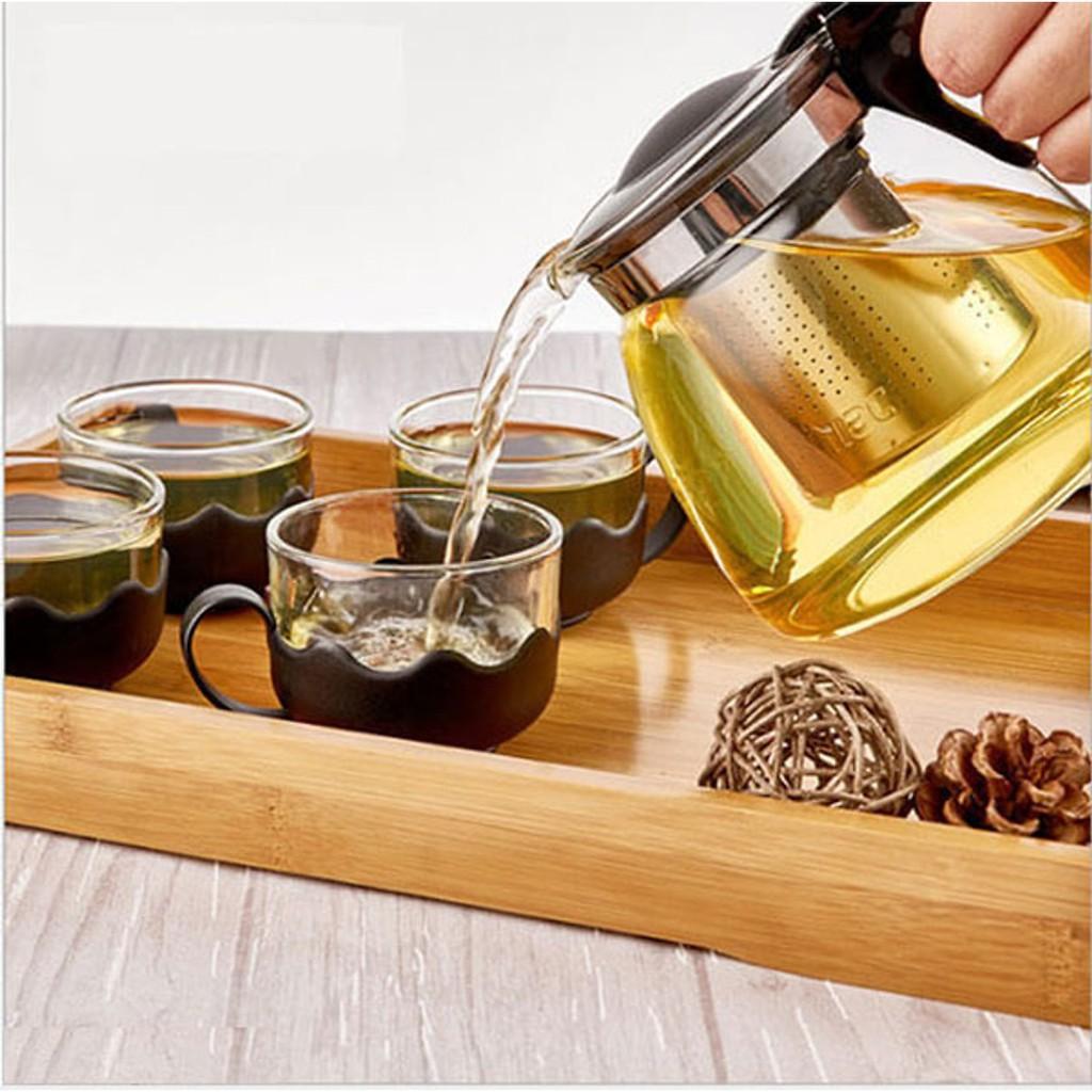 Bộ Ấm Trà Thủy Tinh Có Lưới Lọc Kèm 4 Cốc Chống Nóng Cao Cấp