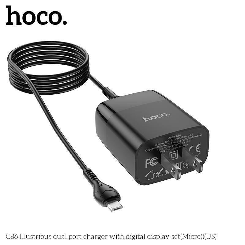 Bộ Sạc Micro-USB Hoco C86 Cho Samsung, Xiaomi, Oppo,... Bộ Sạc 2 Cổng Có Đèn Led, Sạc Nhanh MAX 2.4A - Hàng Chính Hãng