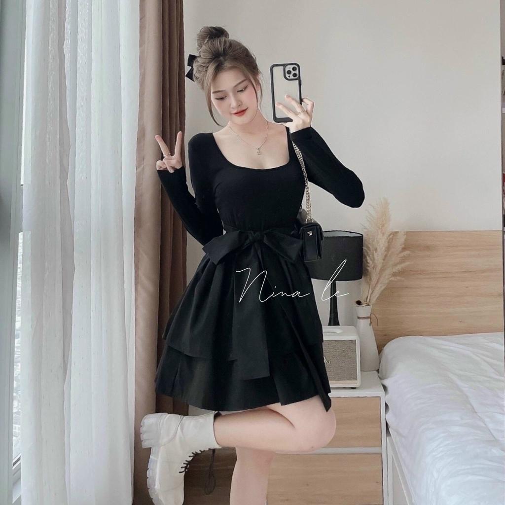 FREE SHIP Sét Bộ Đồ Nữ Áo Chất Vải Borip Dài Tay Kèm Chân Váy Cotton Lạnh Cột Nơ Thiết Kế Sang Chảnh KIM GIA DS