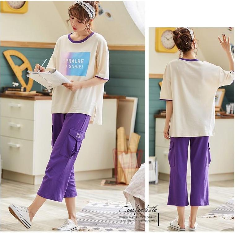 Bộ lửng cotton dáng dài tím phối túi hộp