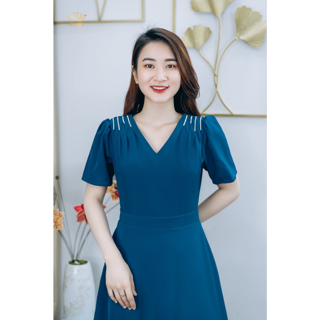 Đầm xòe thiết kế trung niên sang trọng quý phái Cổ tim tay ngắn kết đá màu Xanh cổ vịt TTV STORE TTV1250