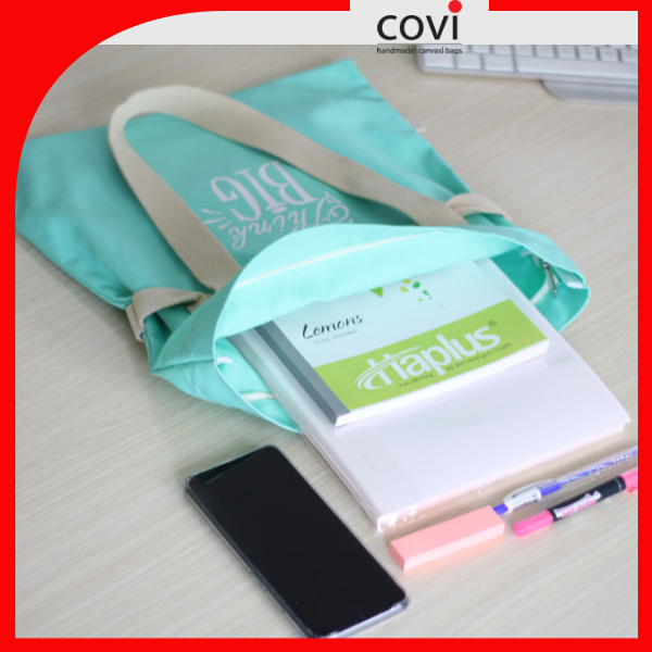 Túi Tote Vải Canvas, Vải Bố Hàn Quốc Đựng Giấy A4 Phom Đứng Phối Chữ THINK BIG thời trang COVI T17-M-Màu Xanh ngọc