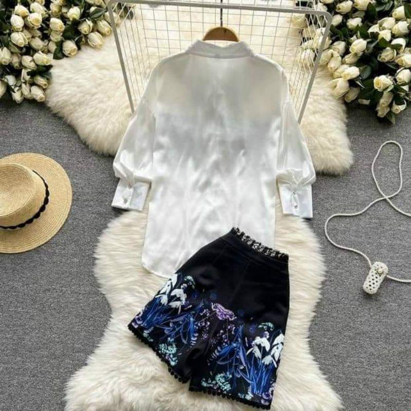 HÀNG NHẬP - SÉT BỘ SHORT ÁO CỔ SƠ MI PHỐI REN QUẦN HOA