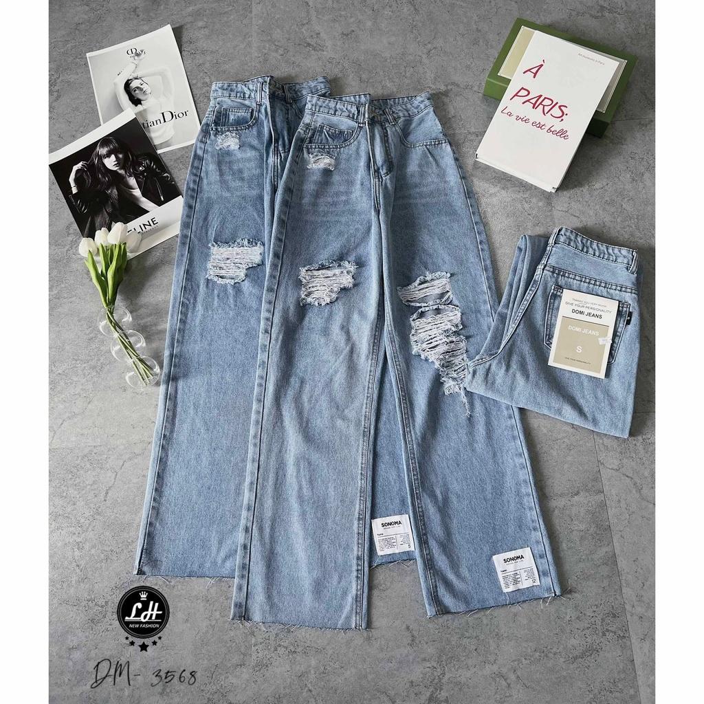 Quần jean nữ ống rộng, quần bò lưng cao màu xanh rách tua rua 2 gối xả lai có tag Lê Huy Fashion MS 3568