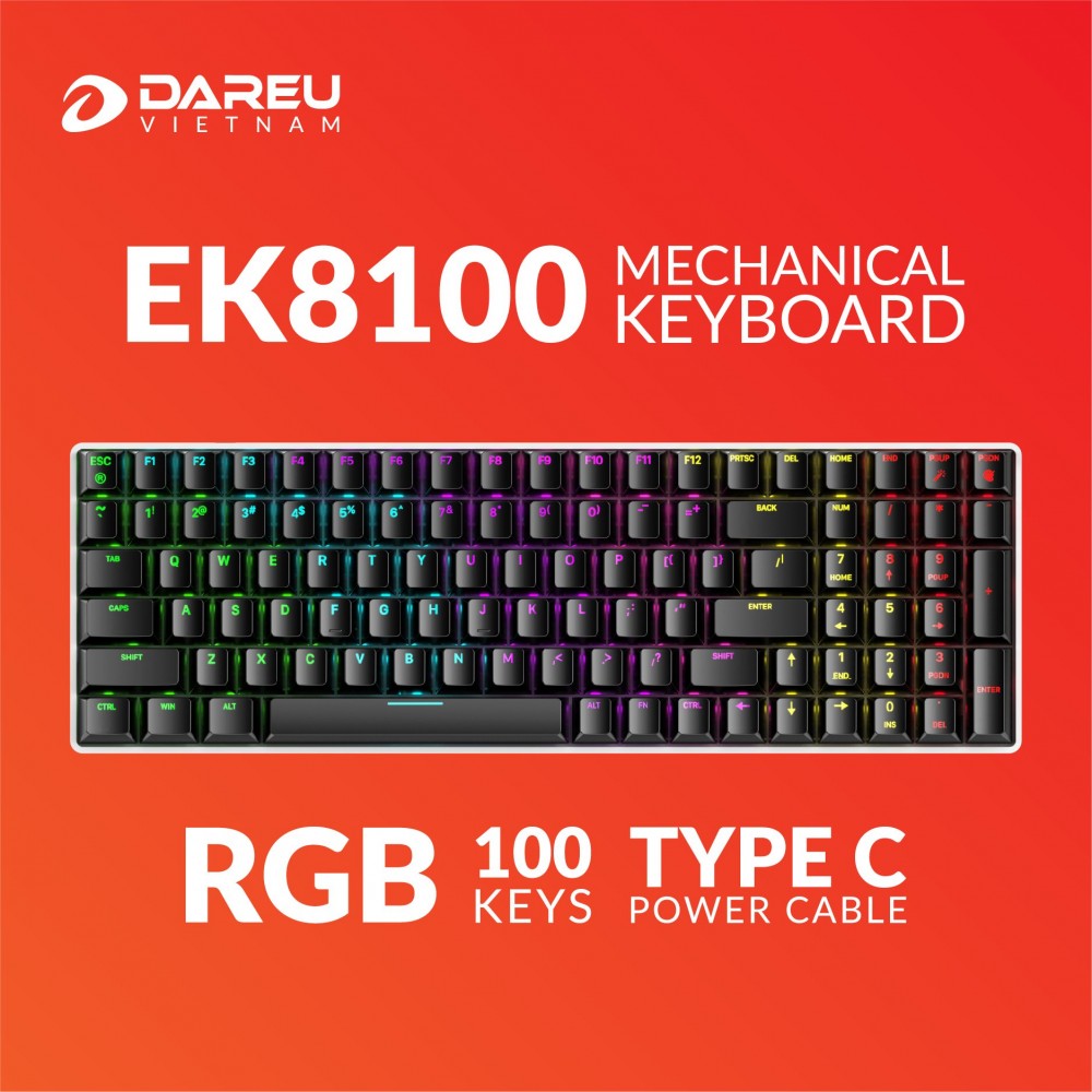 Bàn phím cơ Gaming DAREU EK8100 100KEY (RGB, Blue/ Brown/ Red D switch) - Hàng chính hãng