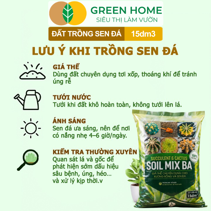 Đất Trồng Sen Đá GreenHome, Soil Mix BA, Bao 15dm3 ~ 6kg, Trộn Sẵn, 70% Đá Khoáng, Thoát Nước Tốt