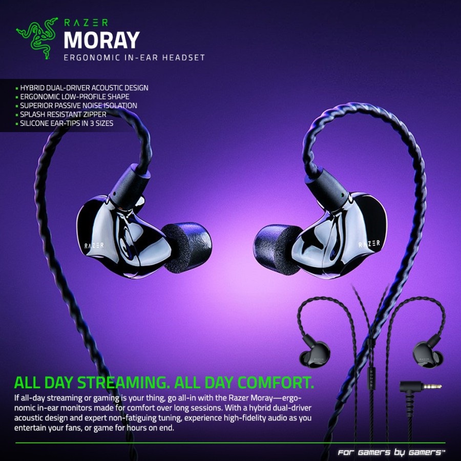 Tai nghe có dây nhét tai Razer Moray-Ergonomic In-ear Monitor for All-day Streaming_Mới, hàng chính hãng