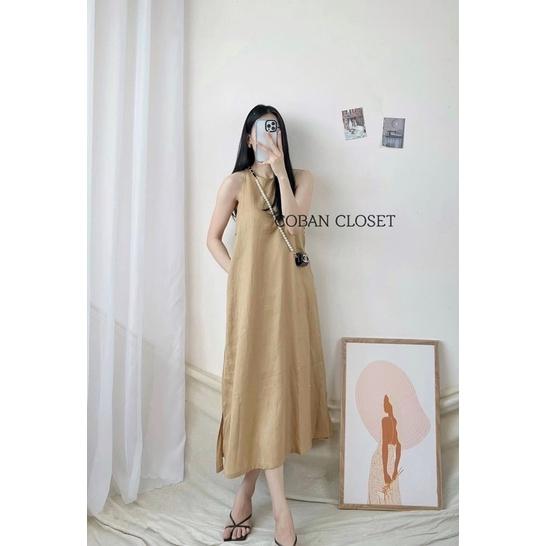 Đầm midi suông sát nách phối nút bọc
