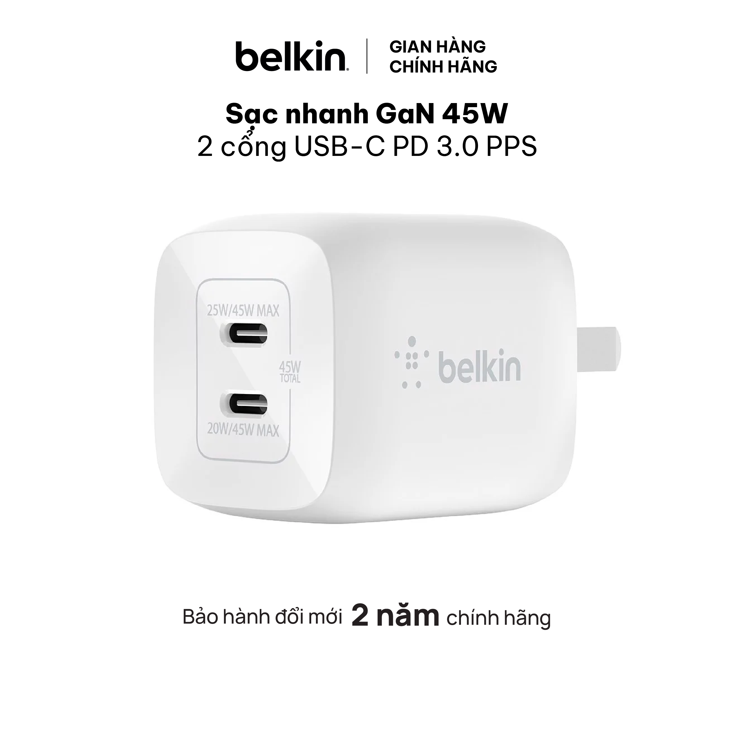 Sạc BOOST↑CHARGE PRO 45W 2 cổng USB-C, PD 3.0 PPS GaN - Hàng chính hãng