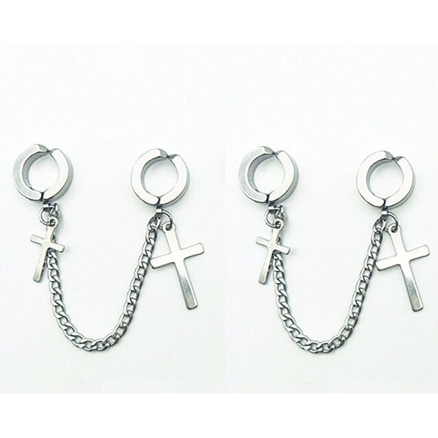 Khuyên 2 kẹp tai titan nam nữ 2 thánh giá - khuyên nam BTS- bông tai Unisex - khuyên vành titan không gỉ