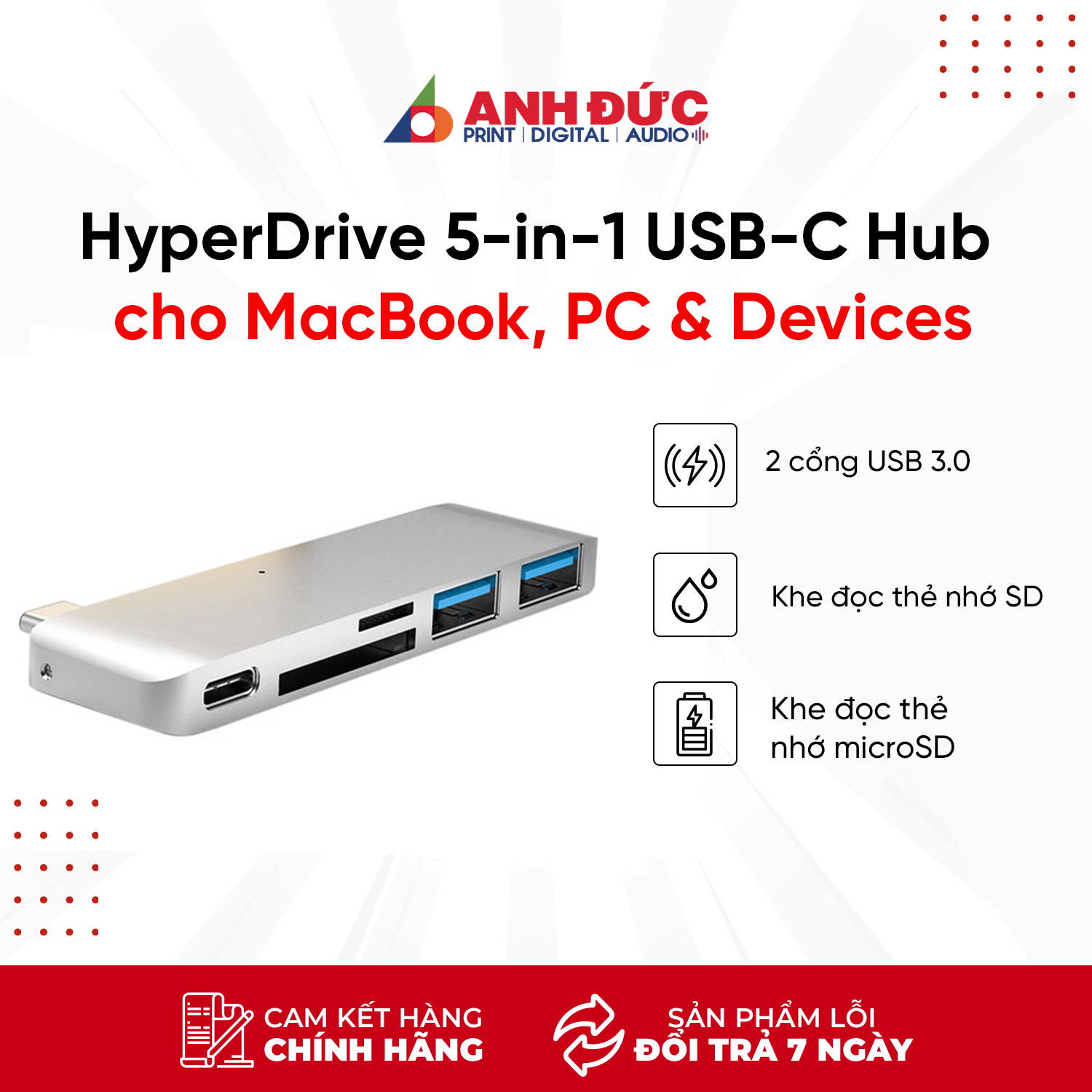 Cổng Chuyển HyperDrive  5-in-1 USB-C Hub  For MacBook, PC & Devices - GN21B - HÀNG CHÍNH HÃNG