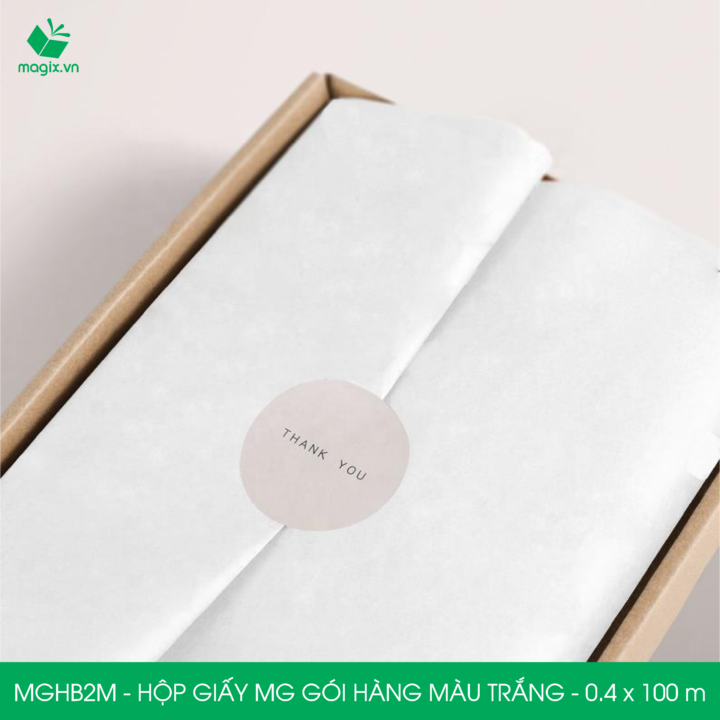 MGHB2M - 0.4x100 m - Hộp cuộn giấy MG, cuộn giấy Pelure trắng gói hàng, cuộn giấy chống ẩm 1 mặt bóng, giấy bọc hàng thời trang