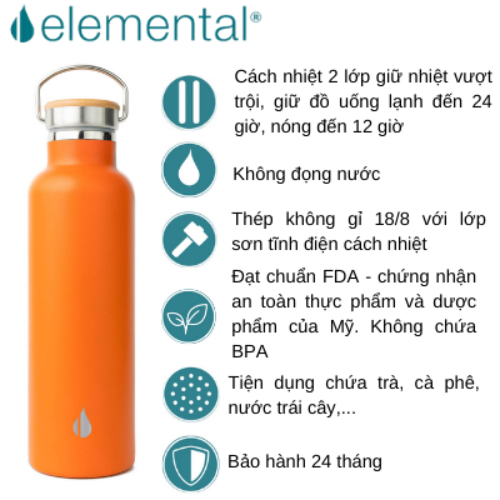 Bình giữ nhiệt Elemental 750ml màu cam, giữ nhiệt vượt trội, inox 304, FDA Hoa Kỳ, nắp gỗ cao cấp