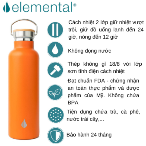 [Hàng chính hãng – Thương hiệu Mỹ] Bình giữ nhiệt Elemental 750ml  màu cam, giữ nhiệt vượt trội, inox 304, FDA Hoa Kỳ, nắp gỗ cao cấp