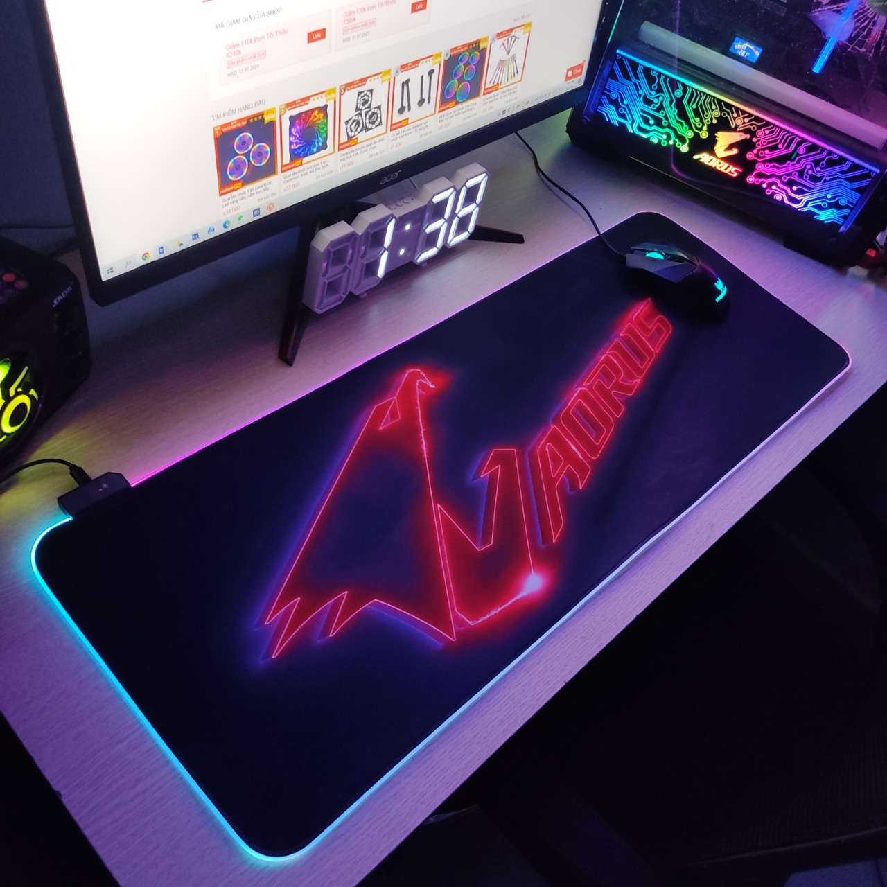 Mouse Pad, bàn di chuột, lót di chuột tích hợp Led RGB Aorus Version 2 sáng viền, kích thước 80cm x 30cm dày 4mm - Hàng nhập khẩu