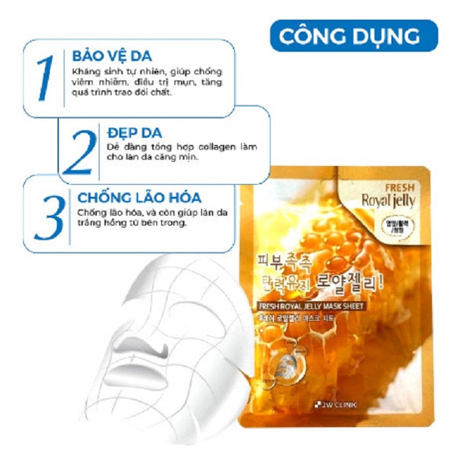 Mặt nạ giấy dưỡng trắng da dưỡng ẩm chống lão hóa chiết xuất từ sữa ong chúa 3W CLINIC FRESH ROYAL JELLY MASK SHEET 23G
