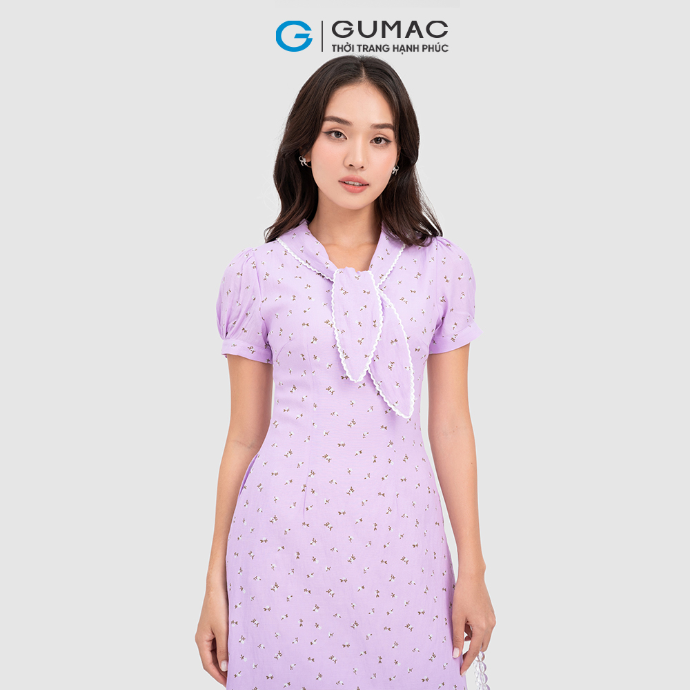 Đầm nơ cổ GUMAC DC10068 phối ren dịu dàng