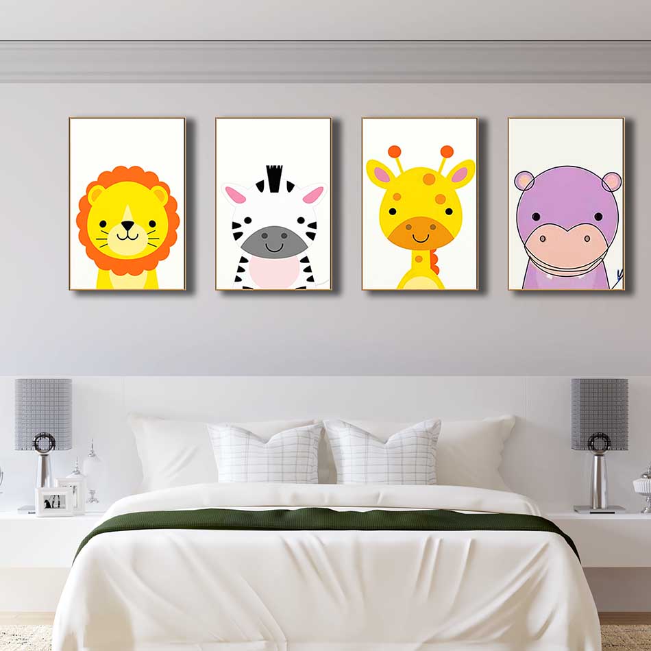 Bộ 4 tranh canvas trang trí phòng trẻ em Sửu tử, Ngựa, Hươu và Hà mã - TTE005