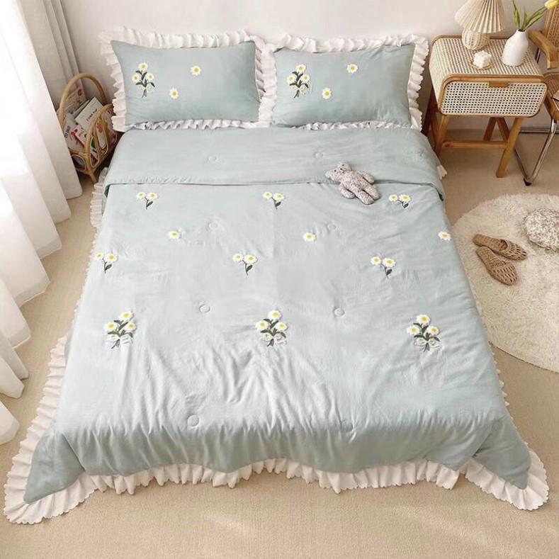 Bộ Chăn Ga Gối Cotton Đũi Chăn Chần Thêu Hoạ Tiết Hoa Cúc - Dâu Tây Trơn 1 Màu Chất Vải Siêu Mềm Mịn