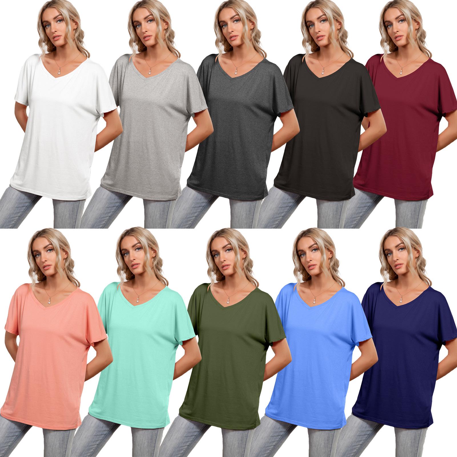 Women Loose T-shirt Short Sleeve V Neck Oversized Solid Casual Tees Plus Size
