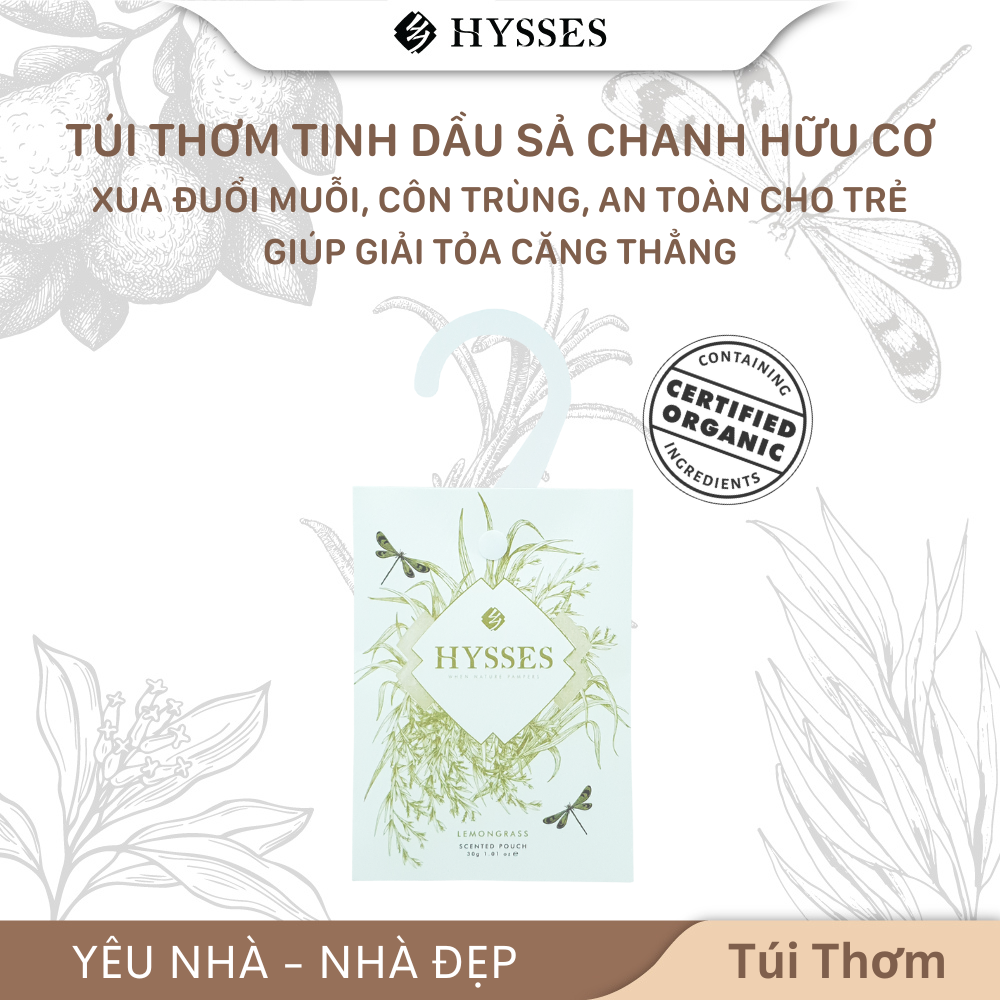 Túi Thơm Cao Cấp Hysses Scented Pouch Giúp Xua Đuổi Muỗi & Côn Trùng, An Toàn Cho Trẻ Nhỏ, Giảm Căng Thẳng, Khử Mùi, Làm Thơm Phòng, Tủ Quần Áo Với Tinh Dầu Sả Chanh Hữu Cơ Tự Nhiên