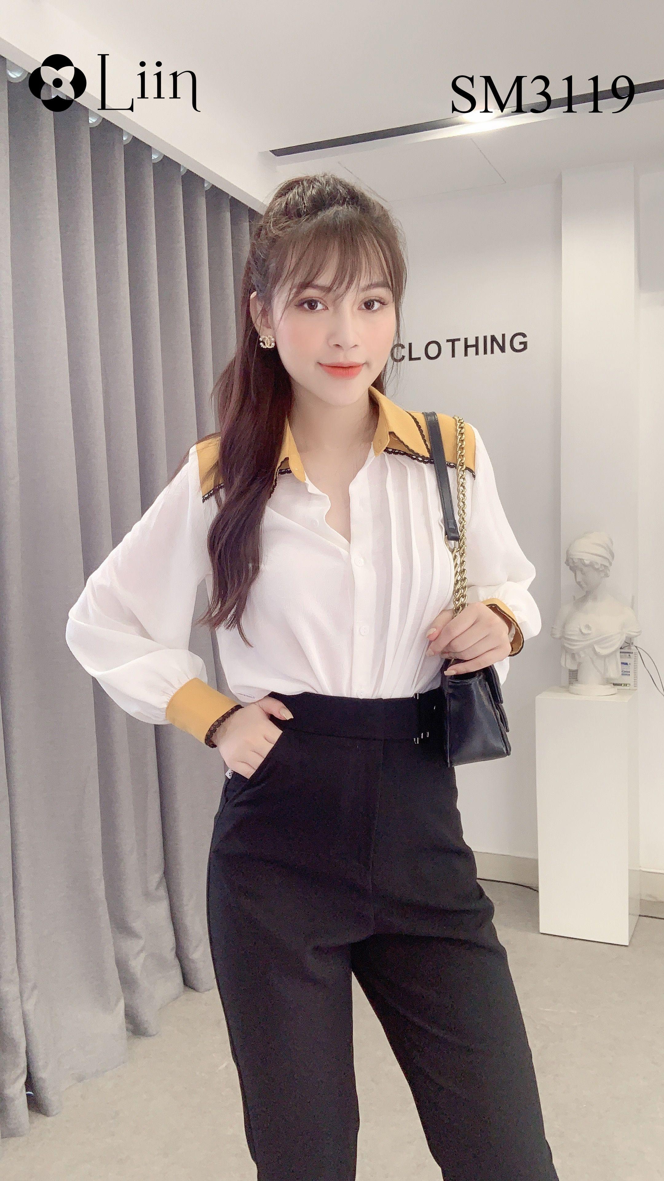 Áo sơ mi nữ màu Trắng Cổ Vàng phối viền bèo xinh xắn LINBI SM3119