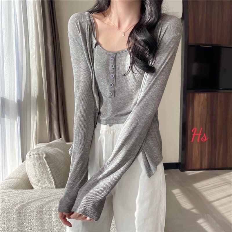 Set Áo Cardigan Kèm Áo 2 Dây Hàng Cúc Giữa, Bộ Áo Dài Tay Nữ Cotton 4 Màu